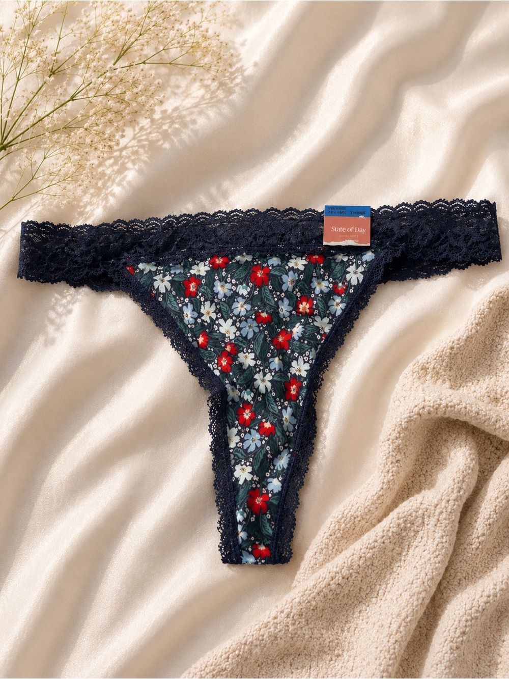 Navy Floral Lace-Trim Thong